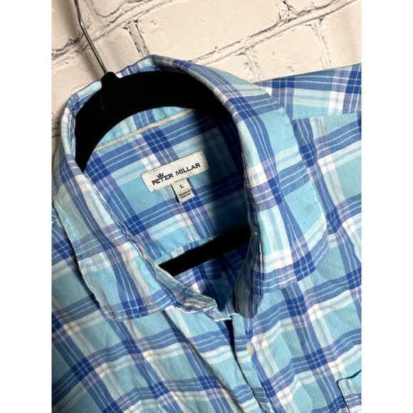 PETER MILLAR MENS BLUE PLAID LONG SLEEVE BUTTON FRONT SHIRT (L)‎    EUC - Picture 1 of 5